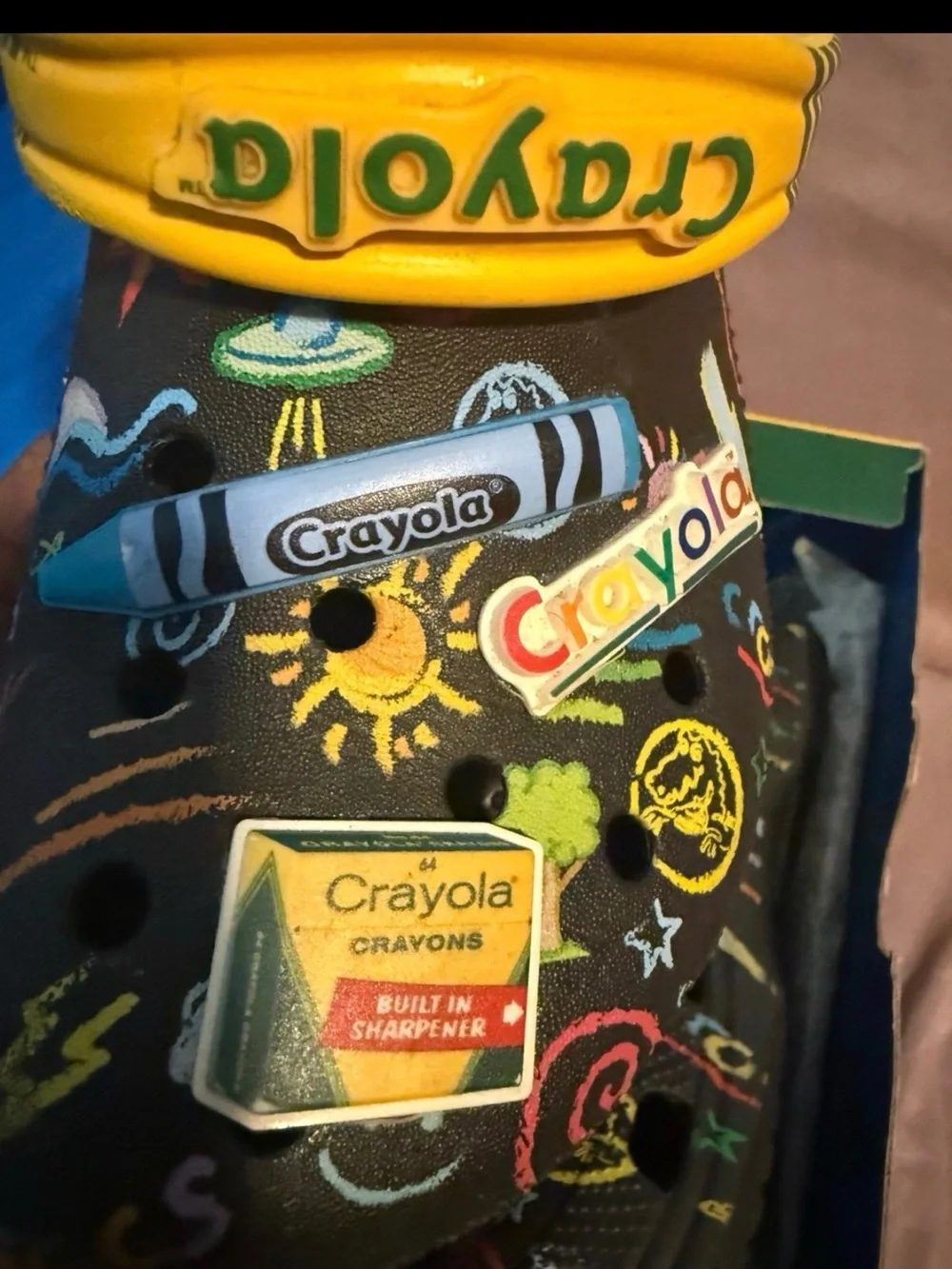 Crayola Black Kids Clogs with Yellow Strap and Multicolor Art